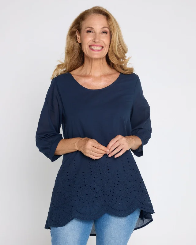Shawl collar women's topsSophia Cotton Top - Navy Broderie Anglaise