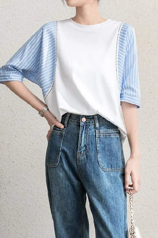 Moisture-wicking women's topsStriped Contrast Stitch Decor Dolman Sleeve T-Shirt