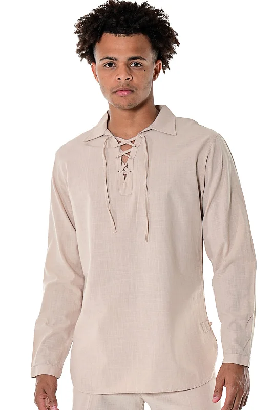 Eco-friendly women's topsBohio Men's 100% Cotton Summer Casual Drawstring Collar Long Sleeve Beach Shirt in (2) Colors-MCS1646