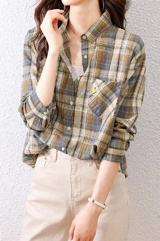 Bohemian women's topsApplique Decor Check Pattern Casual Shirt