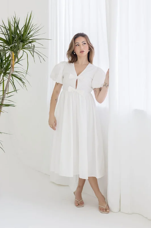 Autumn dresses for fall fashionVirginia Short Puff Sleeve Bow Cut Out Midi Dress White