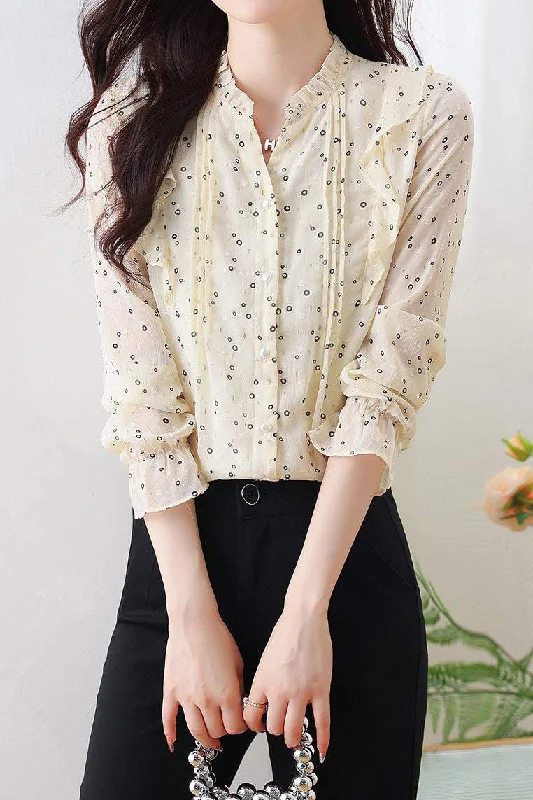 Burgundy women's topsSkipper Collar Flare Contrast Dot Blouse with Lining