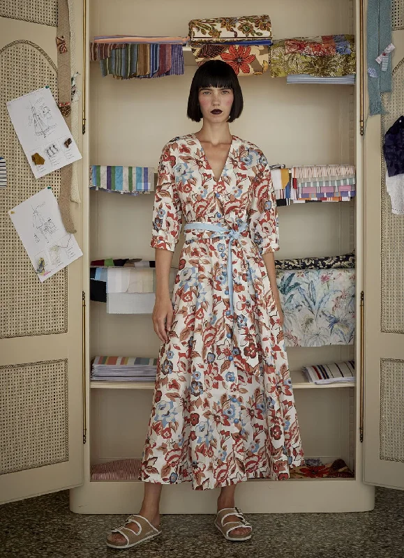 Motherhood dresses for pregnant womenYara Puffed Sleeves Midi Dress Blue Red Floral
