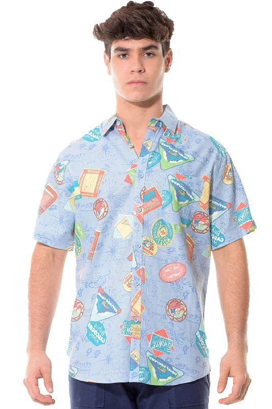 Stretchy women's topsBohio Men's Linen Short Sleeve Shirt w/Pocket Travel Destinations Print Blue_MLSP1197