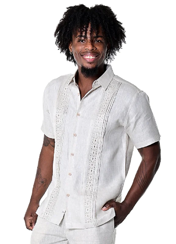 Crew neck women's topsBohio Men's 100% Linen Guayabera Inspired Embroidered (2) Panel Short Sleeve Shirt in (2) Colors-MLS1690
