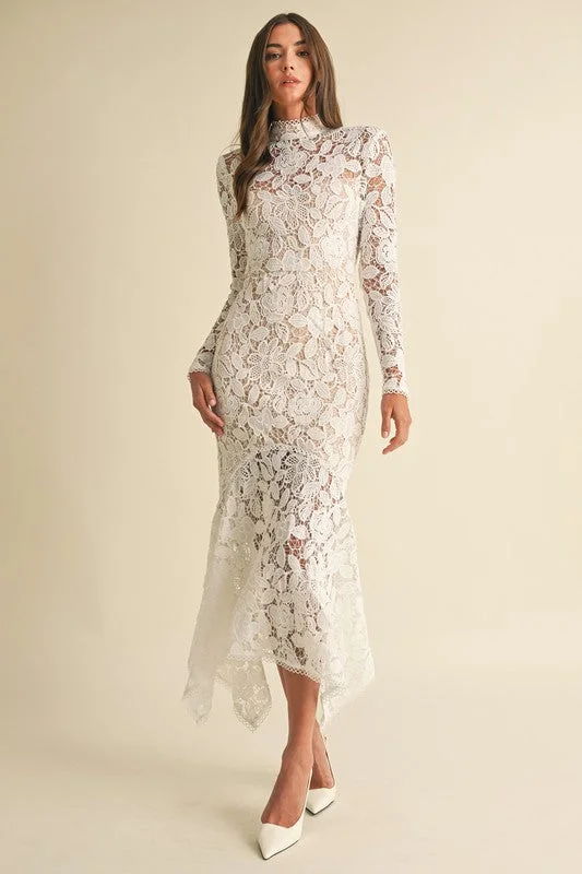 Leather dresses for womenLeighton Long Sleeve Mock Neck Floral Lace Midi Dress White