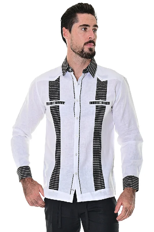 Abstract print women's topsBohio Men's 100% Linen Guayabera Inspired Long Sleeve Fancy Shirt w/Striped Pin-Tucked Panels in (3) Colors MLG1418
