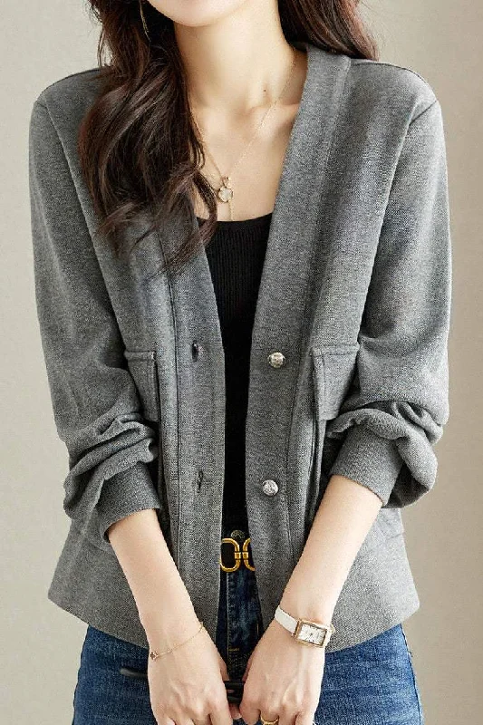Striped women's topsV-Neck Double Flap Pocket Long Sleeve Cardigan