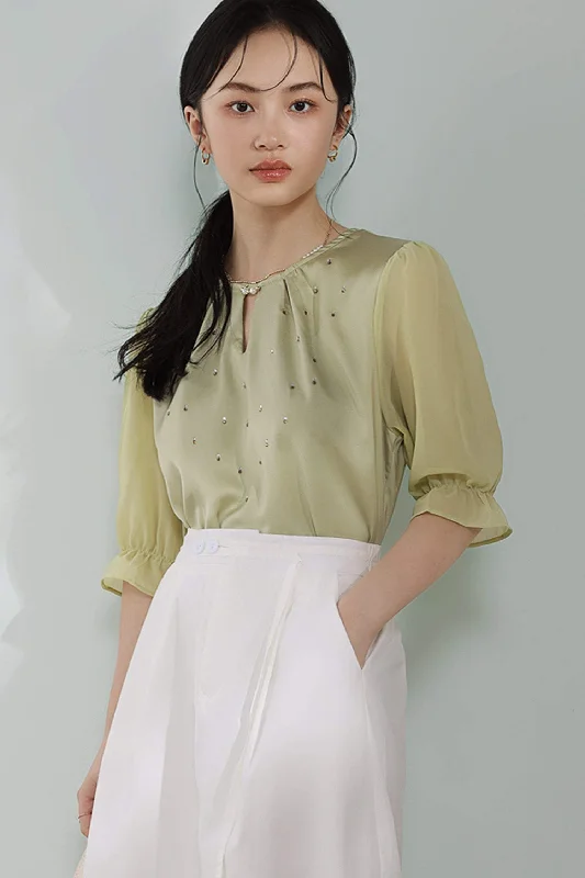 Lavender women's topsFront Cut-Out Rhinestone Decor Sheer Sleeve Blouse - 2 Colors Available