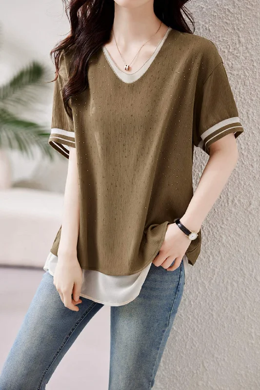 Zip-up women's topsLayered Look V-Neck Rhinestone Decor Blouse with Lining - 2 Colors Available