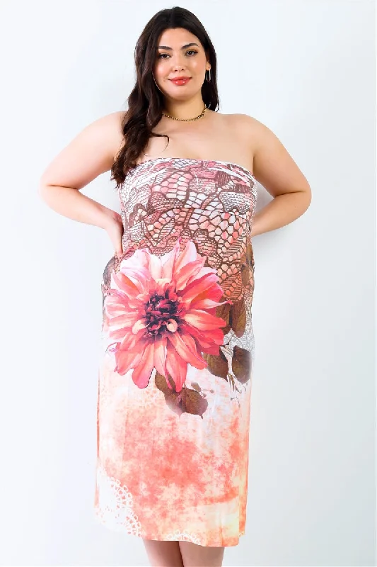 Short-sleeved dresses for womenPlus Peach Flower Print Sleeveless Midi Dress