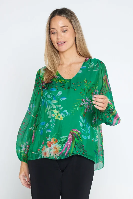 Machine-washable women's topsSierra Long Sleeve Silk Top -  Emerald Botanical