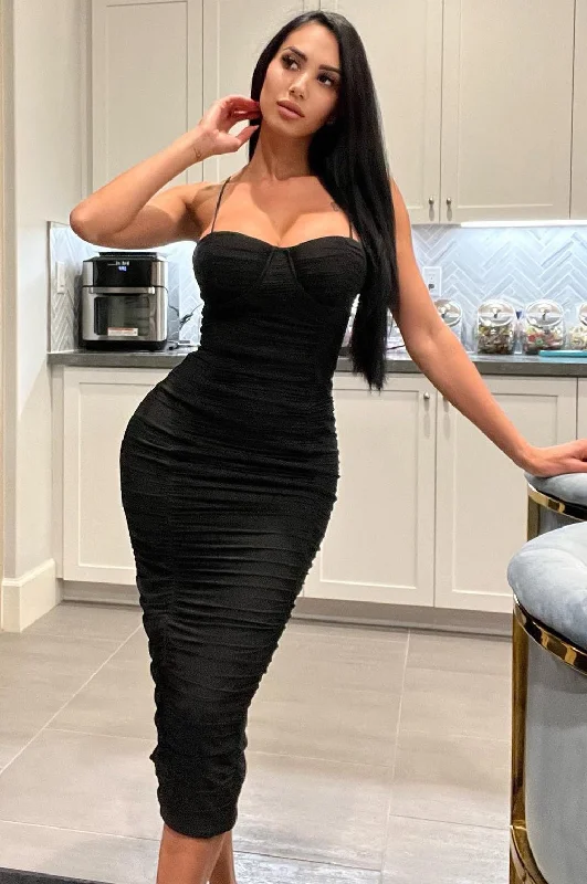 Transitional dresses for in-between seasonsBlack Mesh Padded Underwire Spaghetti Straps Ruched Midi Dress