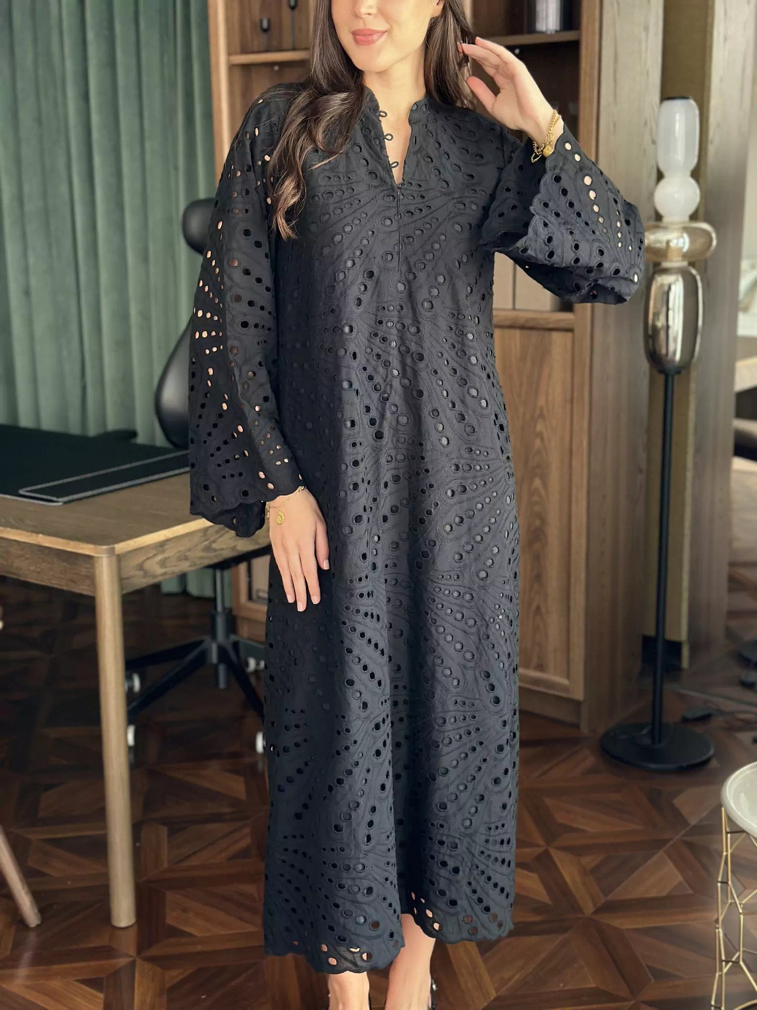 Ruffled women's topsIone Black Long Cutwork Shirt