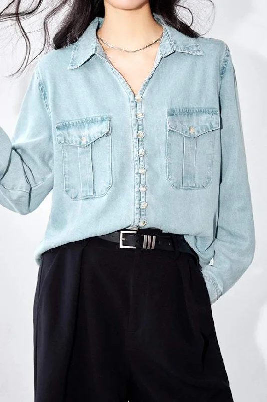 Lavender women's topsSkipper Collar Loop Button Denim Blouse