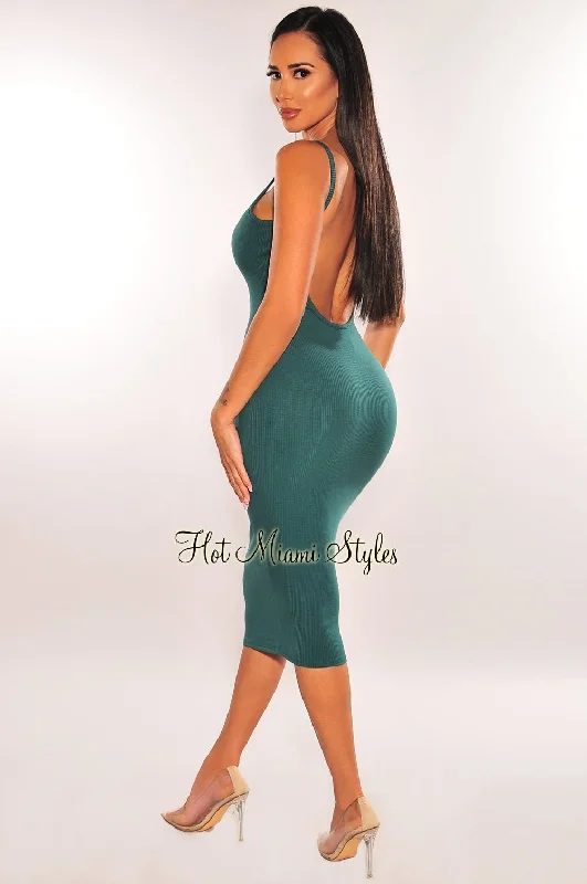 Spring dresses for blossoming stylesForrest Green Ribbed Knit Spaghetti Straps Scoop Back Midi Dress