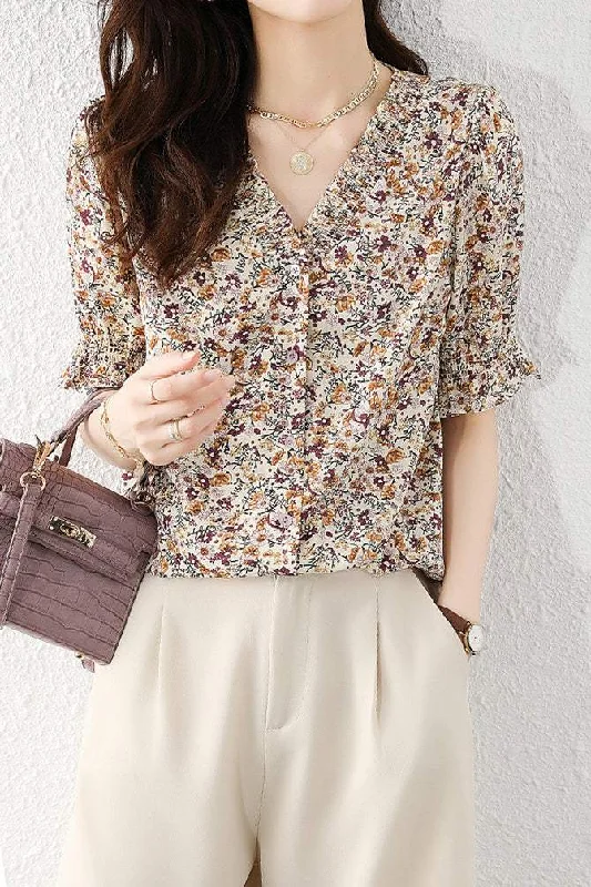 Spaghetti strap women's topsV-Neck Shirring Hem Floral Blouse