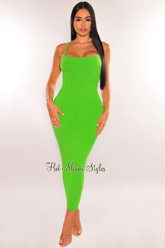 Velvet dresses for winterGreen Ribbed Spaghetti Strap Cut Out Back Midi Dress