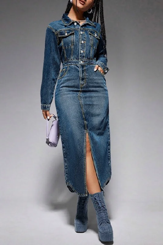 Round-neck dresses for womenWashed Denim On-trend Mid-Slit Midi Dress