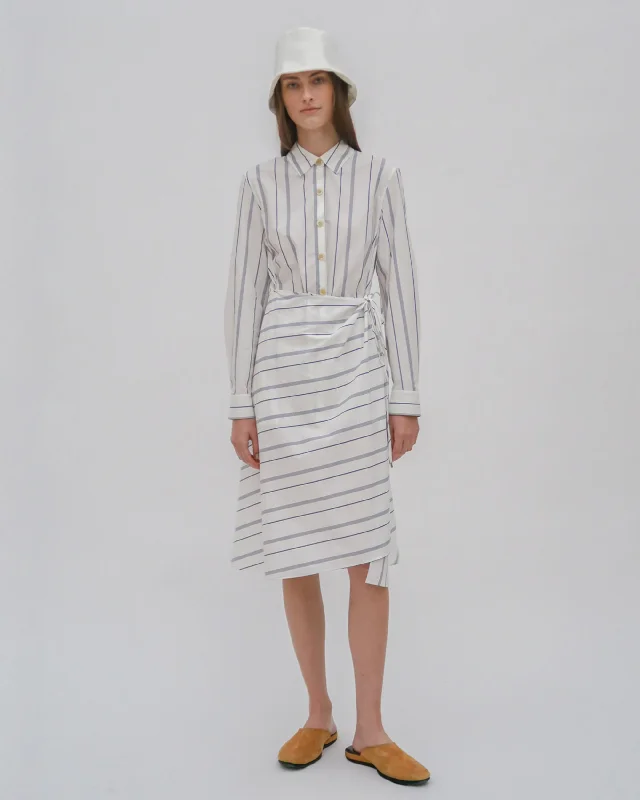 Coral women's topsASYMMETRIC APRON SHIRT - WIDE STRIPE COTTON POPLIN