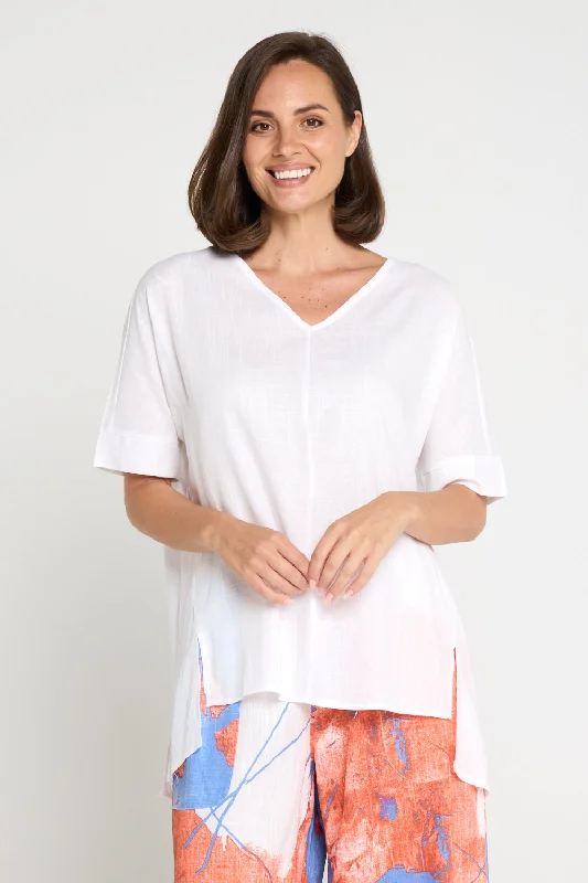 Camo print women's topsSandra Linen & Cotton Top - White