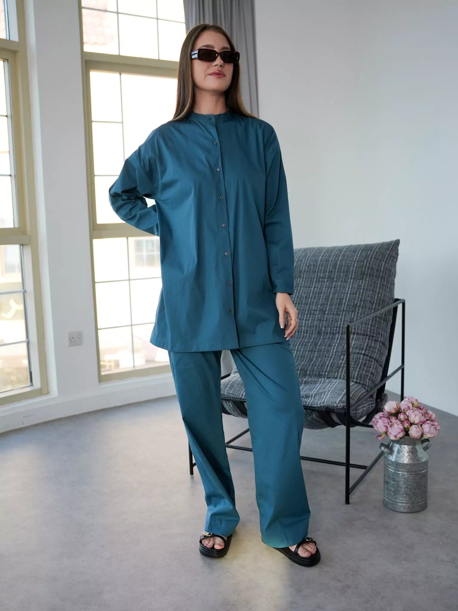 Lace women's topsAnchor Blue Band Collar Shirt