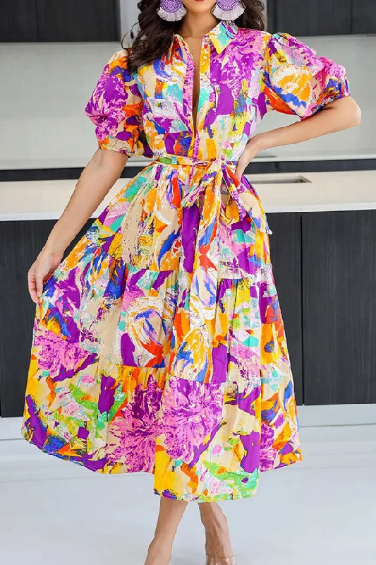 Sleeveless dresses for womenAbstract Print Colorful Belted Tiered Ruffle Midi Dress