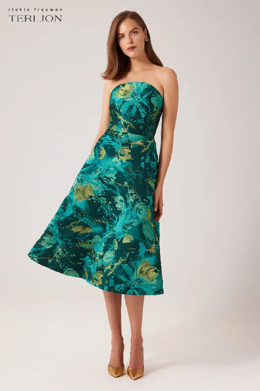 Chiffon dresses for womenStrapless Jacquard Fit And Flare Midi Dress