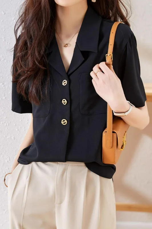 Spring women's topsLapel Collar Double Pocket Short Sleeve Blouse