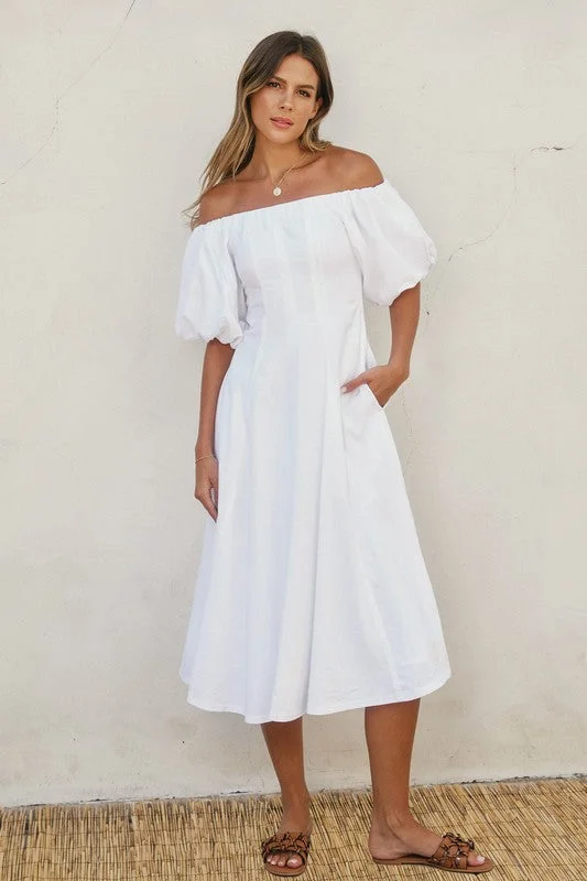 Bohemian women's dressesJill Off The Shoulder Puff Sleeve Linen Midi Dress White