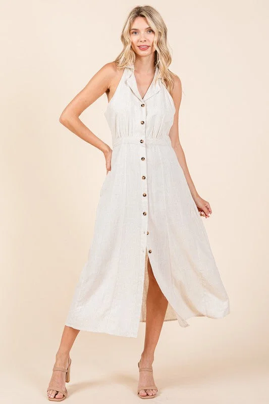 Smock dresses for womenMargaret Sleeveless Halter Button Down Linen Midi Dress Natural