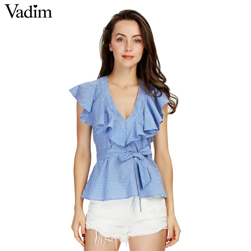 Sage green women's topsWomen sweet ruffles striped blue shirts sexy v-neck
