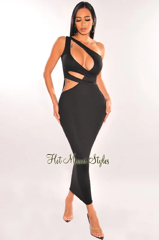 Glamour dresses for red carpet appearancesBlack One Shoulder Cut Out Midi Dress