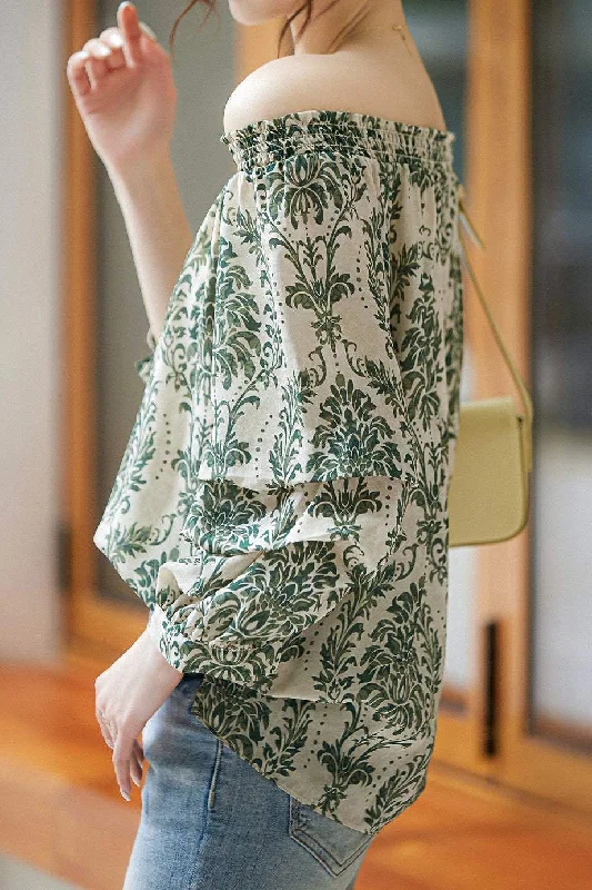 One-shoulder women's topsShirred Neck Ornament Pattern Smock Blouse