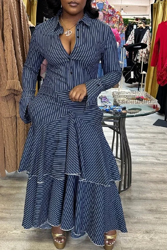 Gym wear dresses for athletic activitiesStriped Shirt Collar Rocking Tiered Ruffles Midi Dress