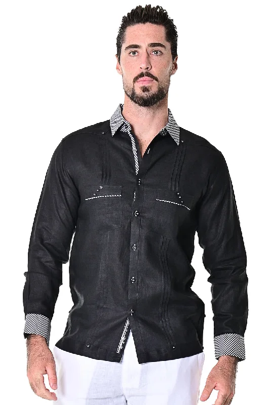 Chunky knit women's topsMen's Long Sleeve Guayabera Inspired Shirt w/Two Pockets 100% Linen Fancy Gingham Trim | BOHIO MLG1416