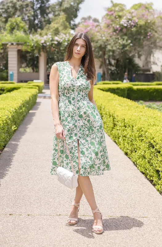 Workwear women's dressesRamona Shoulder Pad Sleeve Floral Print Midi Dress Green