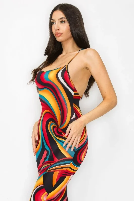 Velvet dresses for womenCrossed Back Marble Print Multicolor Midi Dress