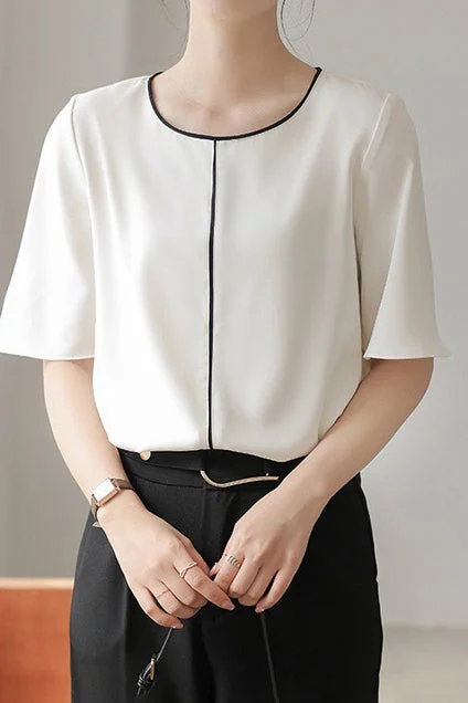 Bohemian women's topsRound Neck Piping Contrast T-Shirt - 2 Colors Available