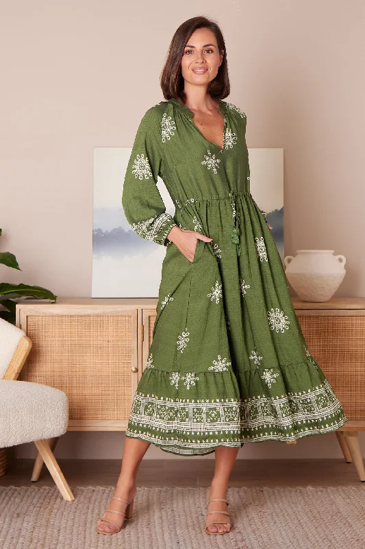 Cold-shoulder dresses for womenSolstice Midi Dress - Olive/Ivory Lace Print