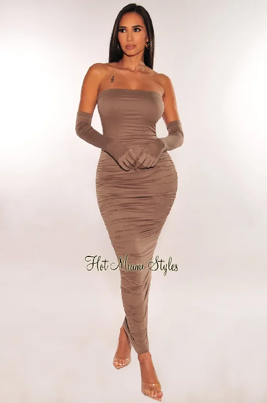 Godet dresses for womenTaupe Strapless Scrunch Butt Midi Dress + Gloves