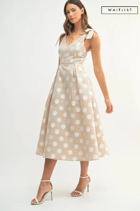 Peplum dresses for womenWaitlist 5/7 ♥ Melody Sleeveless Bowtie Polka Dot Print Midi Dress Taupe