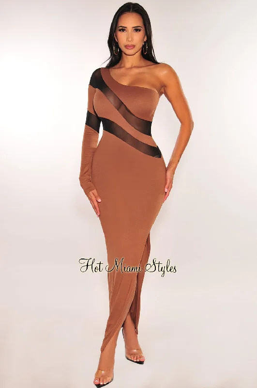 Designer dresses for high-end fashionMocha Black Mesh One Sleeve Slit Midi Dress