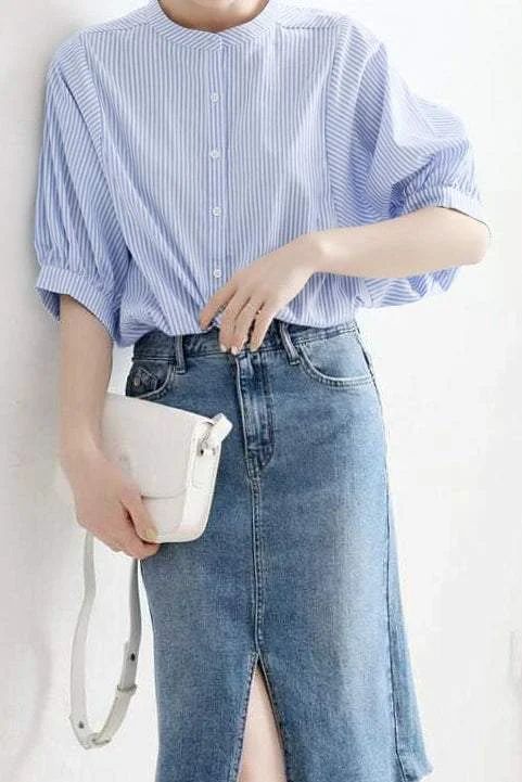 Party women's topsBand Collar Striped Puff Blouse - 2 Colors Available