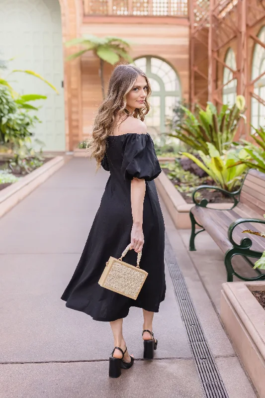 Little white dresses (LWDs) for womenJill Off The Shoulder Puff Sleeve Linen Midi Dress Black