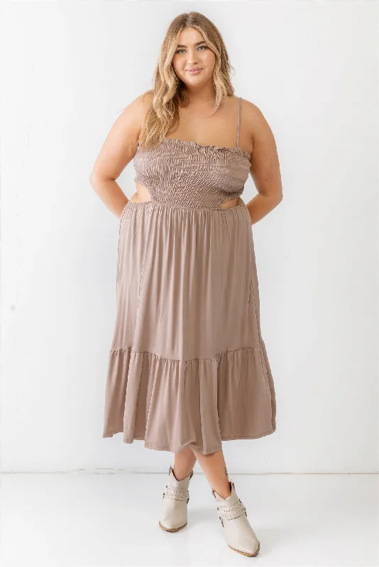 Sleeveless dresses for womenPlus Smocked Cut-out Strappy Flare Hem Midi Dress