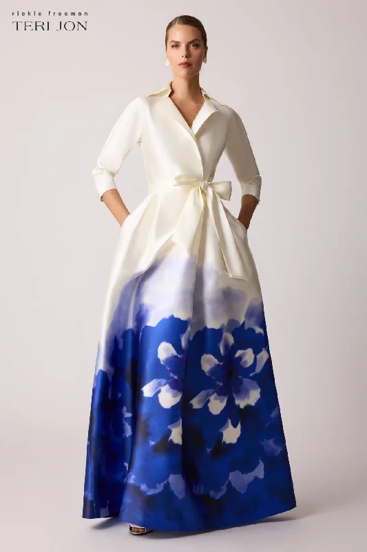 Spring women's topsMikado Watercolor Border Print Shirt Gown