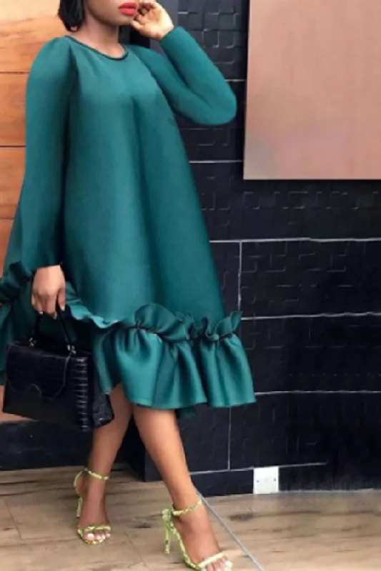 V-neck dresses for womenSolid Color Relaxed A-Line Ruffled Midi Dress