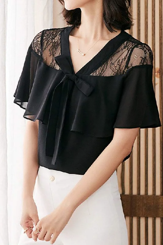 Designer women's topsV-Neck Ribbon Decor Lace Contrast Area Sleeve Blouse