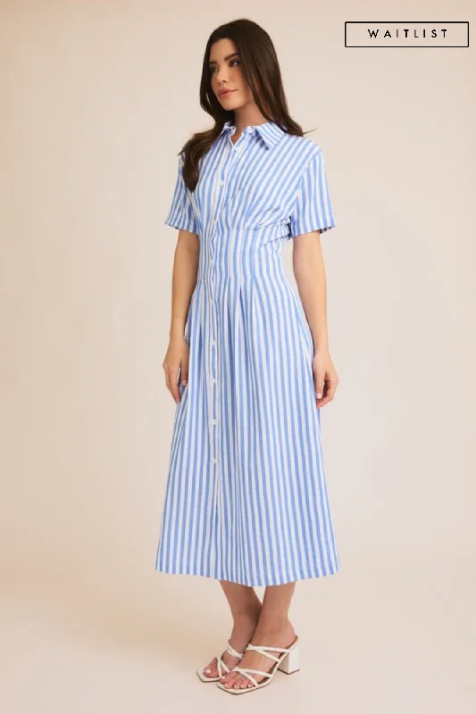 Limited edition dresses for collectorsWaitlist 3/20 ♥ Tatum Short Sleeve Button Down Stripe Print Midi Dress Blue